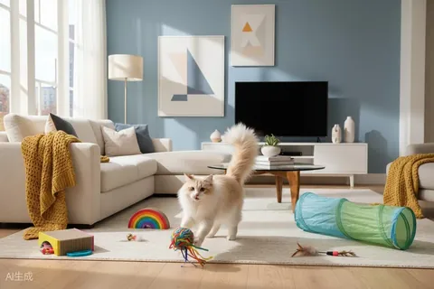 Indoor cat playing with an enrichment toy at home