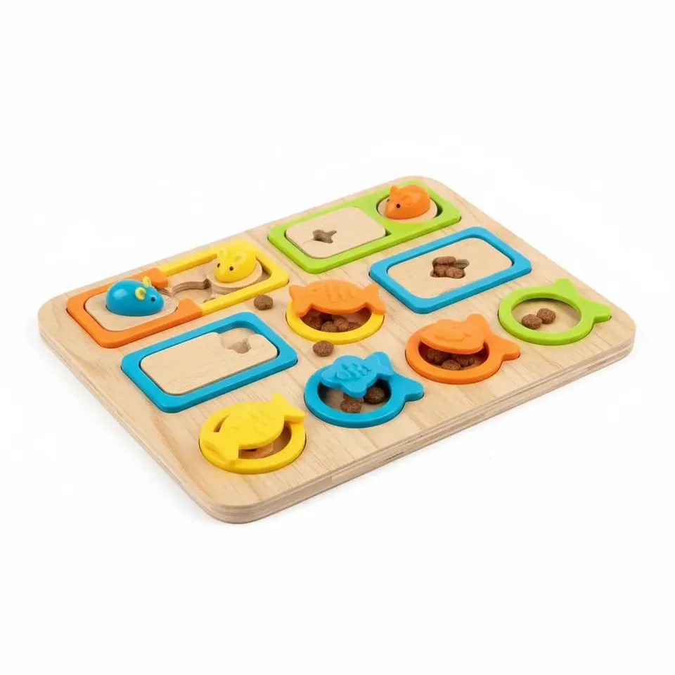 Puzzle toy with enclosed moving pieces for supervised cat play